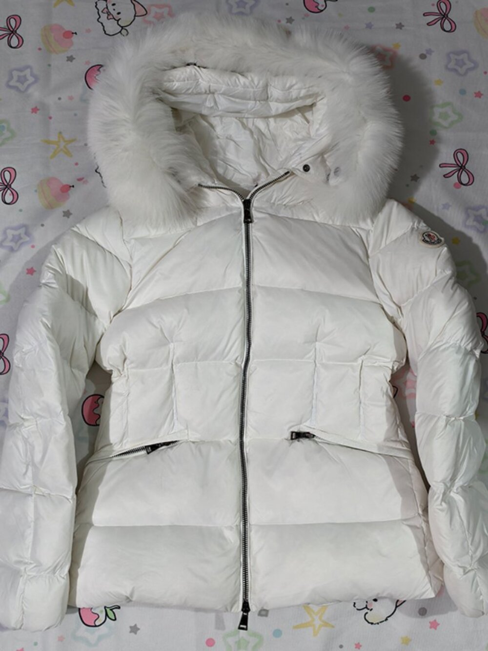 Moncler White Down Jacket with Fur Collar